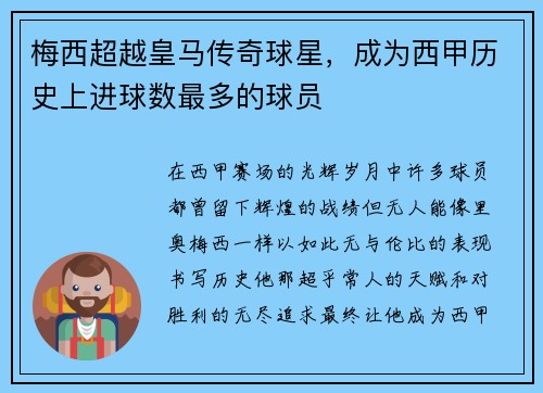 梅西超越皇马传奇球星，成为西甲历史上进球数最多的球员