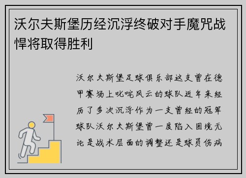 沃尔夫斯堡历经沉浮终破对手魔咒战悍将取得胜利
